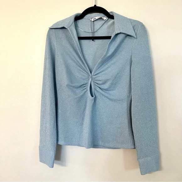 Zara Button Front Ruched Cutout Long Sleeve Light Blue Sparkle Top Size M NWOT - Picture 2 of 9